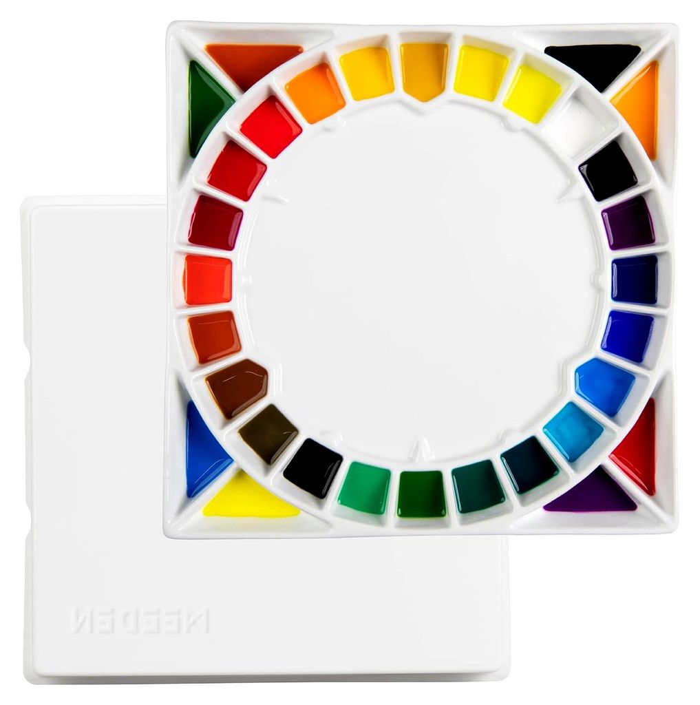 Große 32-Well Keramik Mischpalette mit Deckel, Porzellan Malpalette für Aquarell, Gouache, Acryl und Ölgemälde, 12-3/5-Zoll Weiß