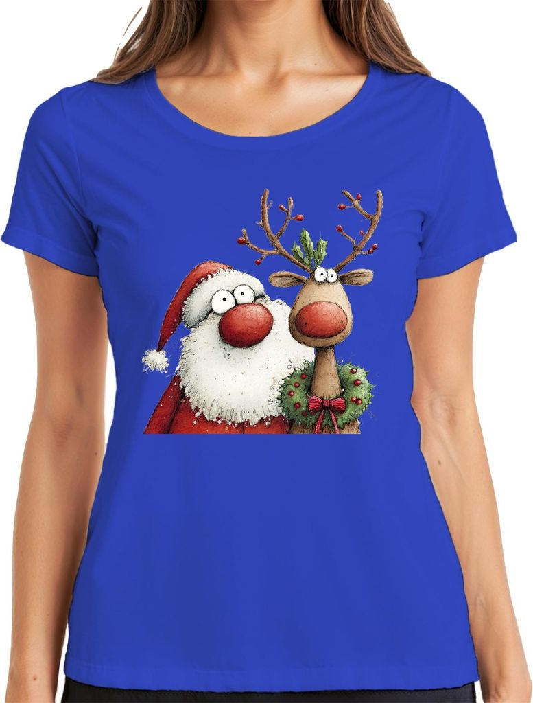 Weihnachtsmann Rentier rote Nase Kranz lustig Weihnachten Vintage Damen T-Shirt, Blau, L