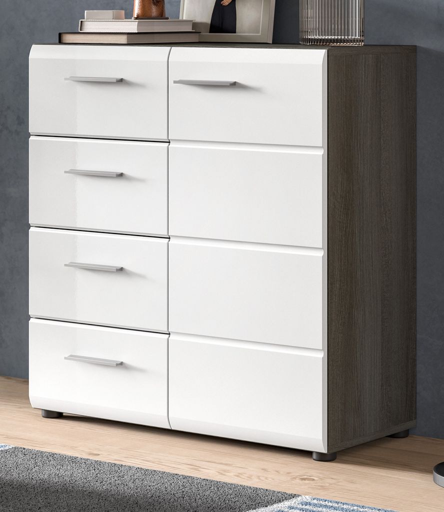 Kommode "Rumba" in weiß Hochglanz und Rauchsilber grau Sideboard 80 x 85 cm