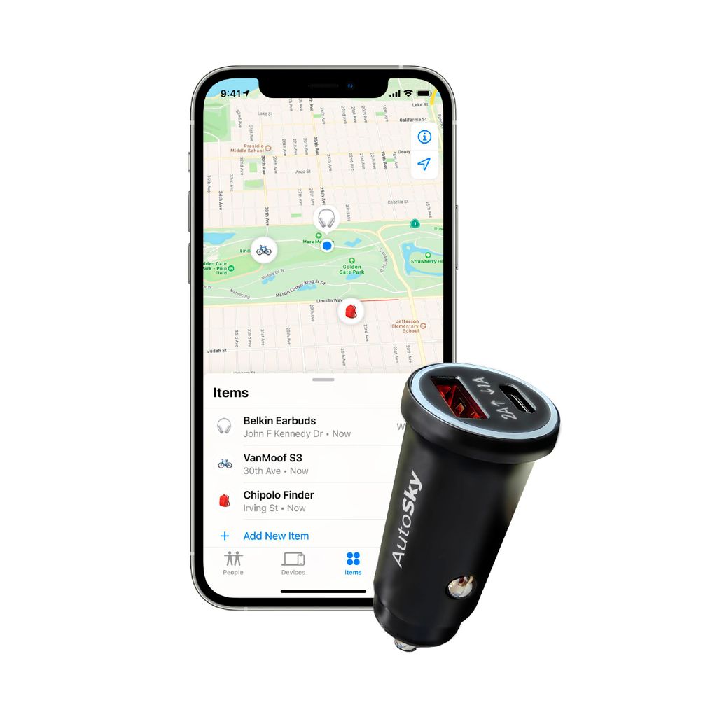 AutoSky KFZ-Ladegerät mit integriertem GPS-Tracker – Kompatibel mit Apple „Wo ist?“ für iPhone, iPad & Mac – Echtzeit-Tracking, USB-C & U...