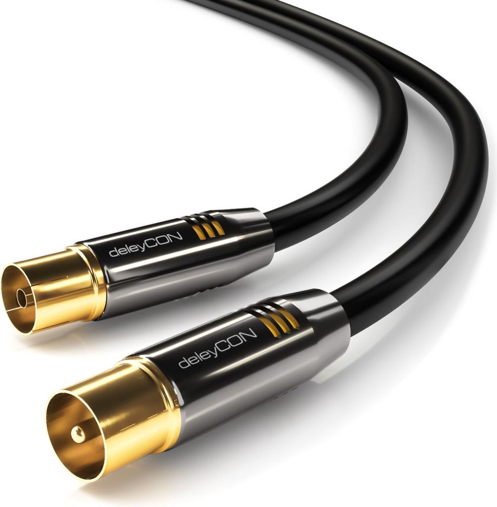 deleyCON 7,5m 4K TV Antennenkabel Koaxialkabel TV-Kabel HDTV FULL HD - IEC-Stecker zu IEC-Buchse - Metallstecker - Analog Digital - Schwarz