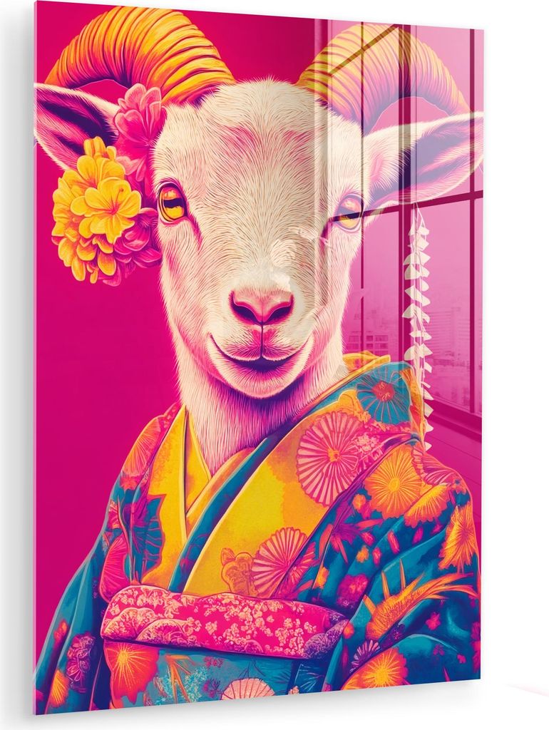 MuchoWow Glasbilder - Bilder auf Wandbild - Foto auf Glas Ziege - Hörner - Kimono - Farbenfroh 60x80 cm Wanddekoration aus Glas - Acrylglasbild - ...