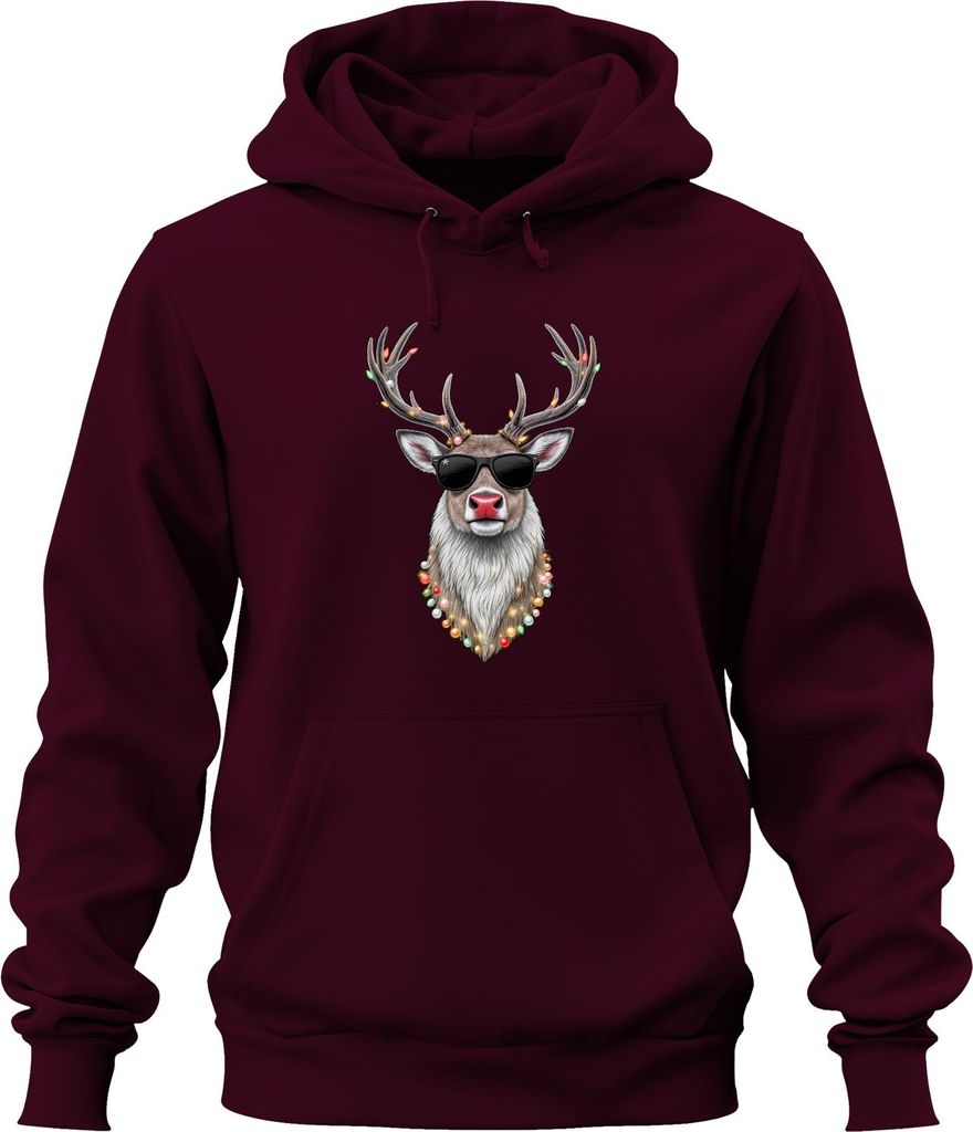 Weihnachten Rentier Sonnenbrille Lichterkette Rudolph Cool Retro Uni Hoodie Kapuzenpullover, Burgundy, S