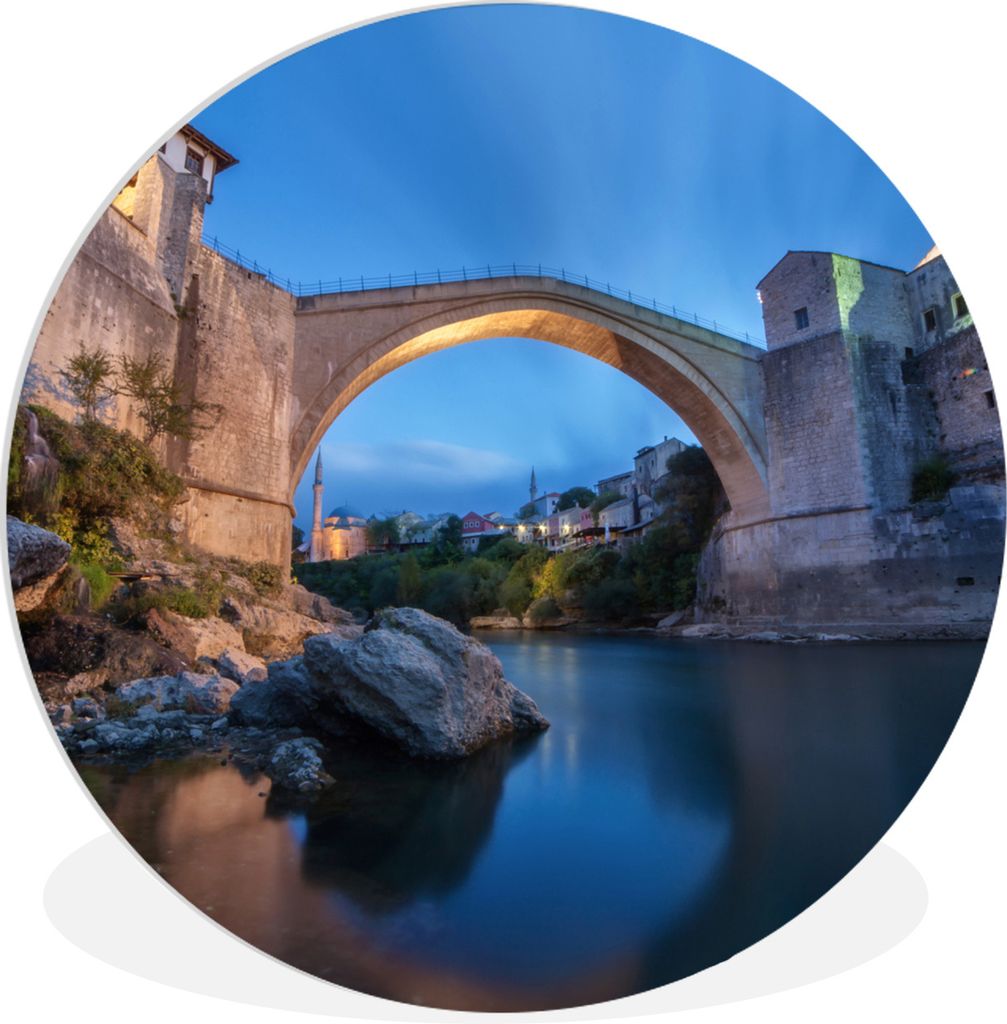 MuchoWow Rundes Wandbild - Runde Bilder Stari-Brücke in der Dämmerung Ø 30 cm Kreis Wanddekoration Kunststoff - Wandkreis - Wandschmuck - Schl...