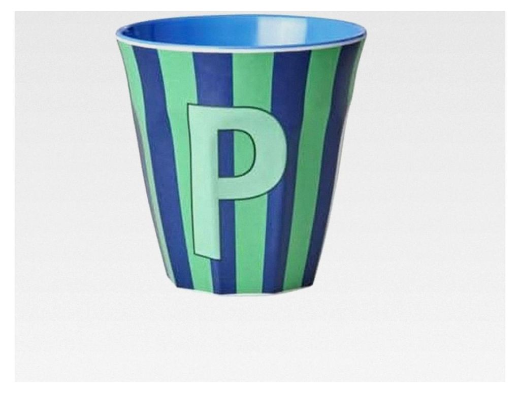 Rice Melamin Becher mittel gestreift mit Buchstaben, für Jungen in blau/grün/mint, Größe 9 x 9 cm