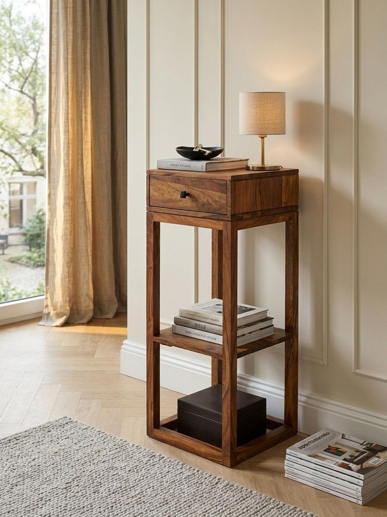 Beistelltisch MUMBAI Massivholz Sheesham Anstelltisch Telefontisch mit Schublade 35 x 35 x 90 cm