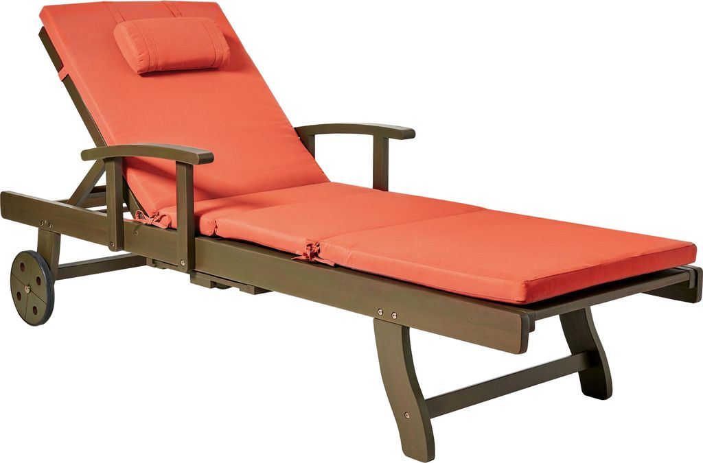 BELIANI Gartenliege Dunkelbraun u. Rot Akazienholz Verstellbar Rollbar Sonnenliege mit Tisch und Auflage Terrasse Garten Balkon Modernes Design