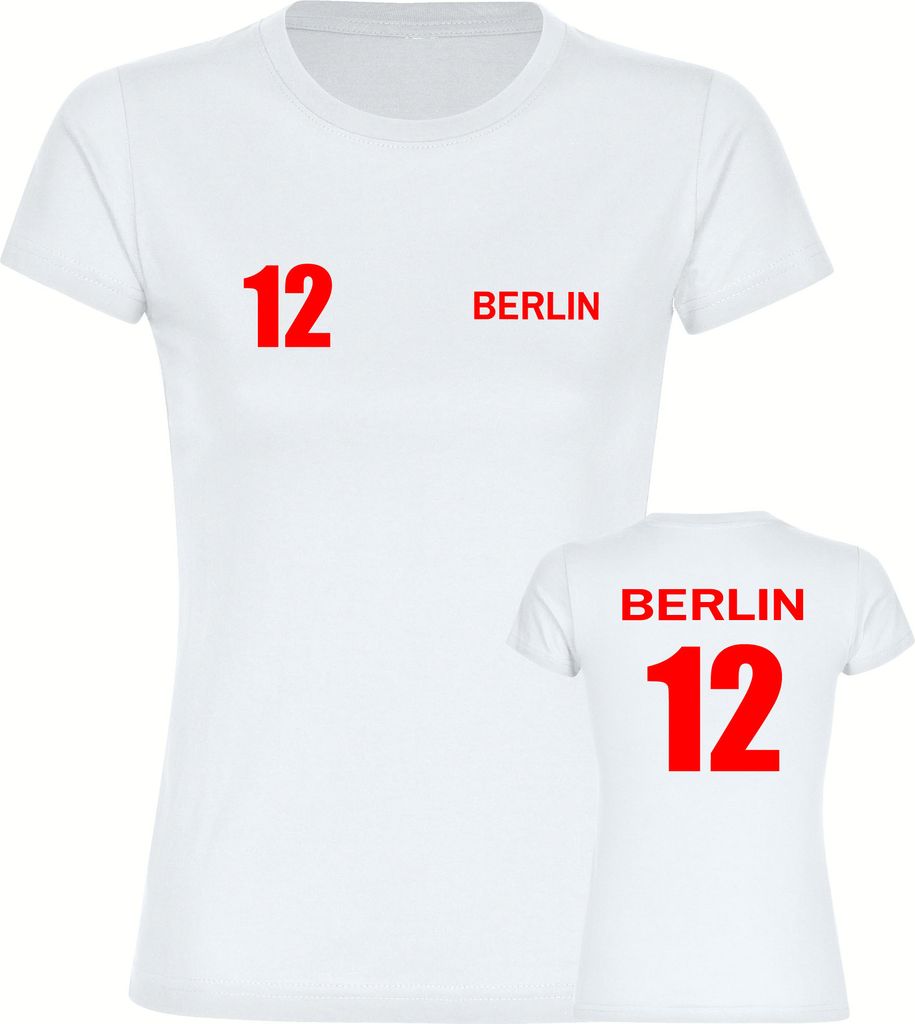 multifanshop Damen T-Shirt - Berlin rot - Trikot Nummer 12, weiß, Größe L