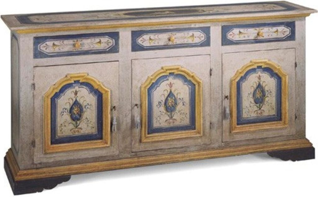 Casa Padrino Vintage Look Barock Sideboard / Anrichte Weiß / Blau / Gelb handbemalt 205 cm - Hotel Collection