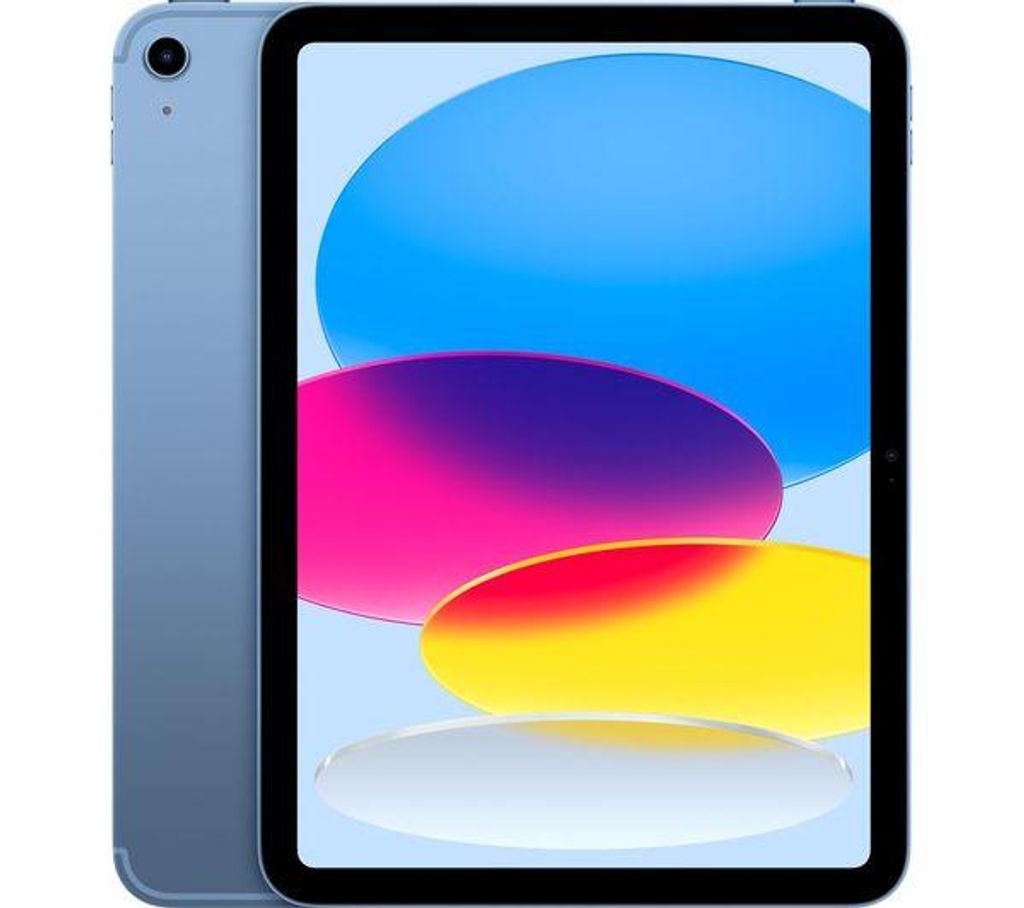 A blue Apple iPad is shown from a slightly angled front view against a white background.