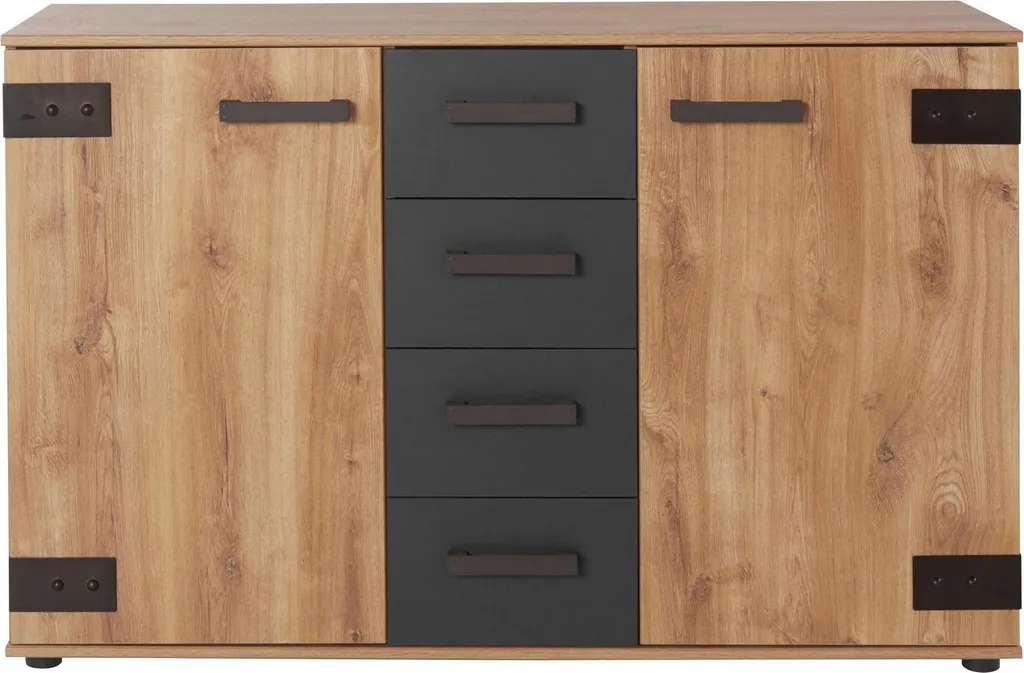 Commode Design Industriel 130cm Chêne et Graphite avec Grand Rangement