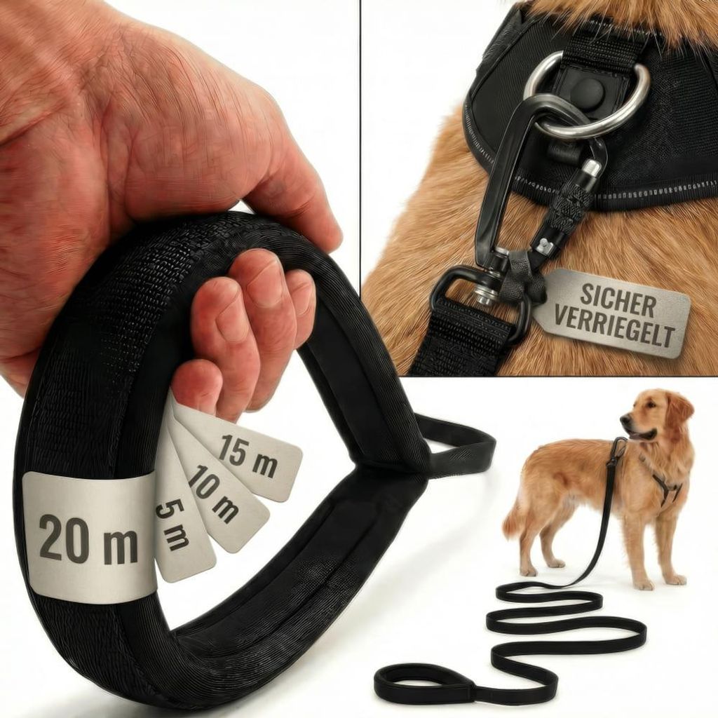 HUND IST KÖNIG 20m Hunde Schleppleine mit Sicherheitskarabiner & gepolsterter Handschlaufe für Hunde 12-70kg - robuste Hundeleine 20 m