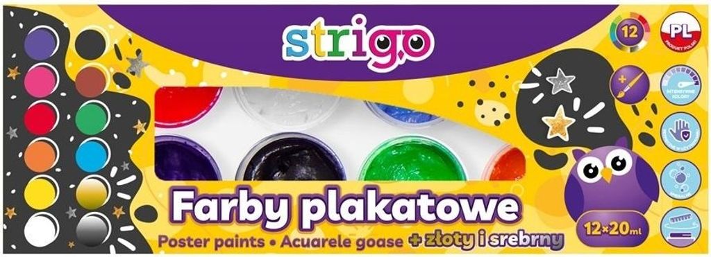 Strigo Farby Plakatowe 12 kolorów 20 ml + Pędzelek