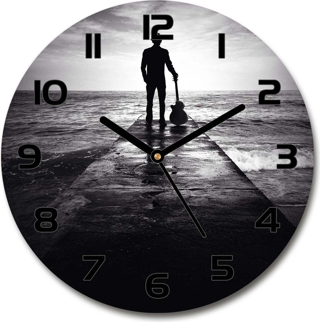 Wanduhr aus Glas 30fi Glasbild Glasuhr Gehärtetes Glas - schwarze-zeiger - Guitarist on the pier