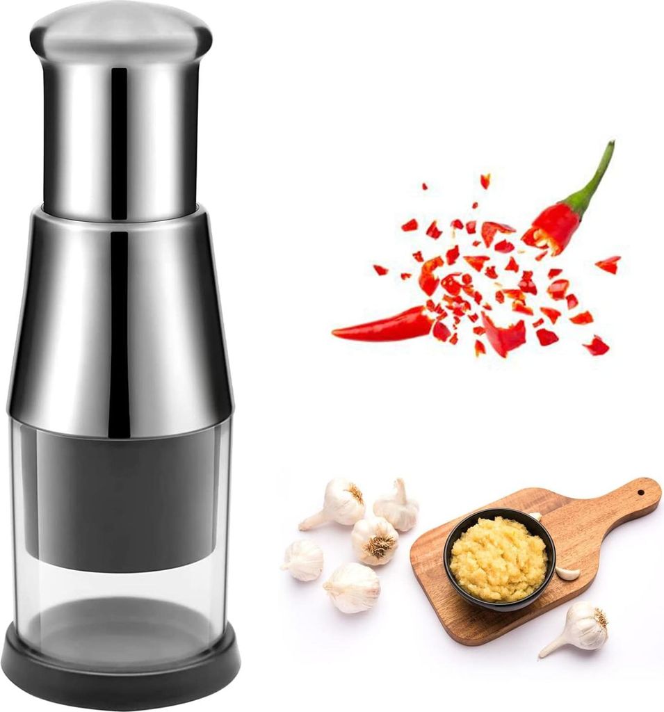 Manueller Zwiebelschneider aus Edelstahl - Gepresster Lebensmittelzerkleinerer für Gemüse und Nüsse