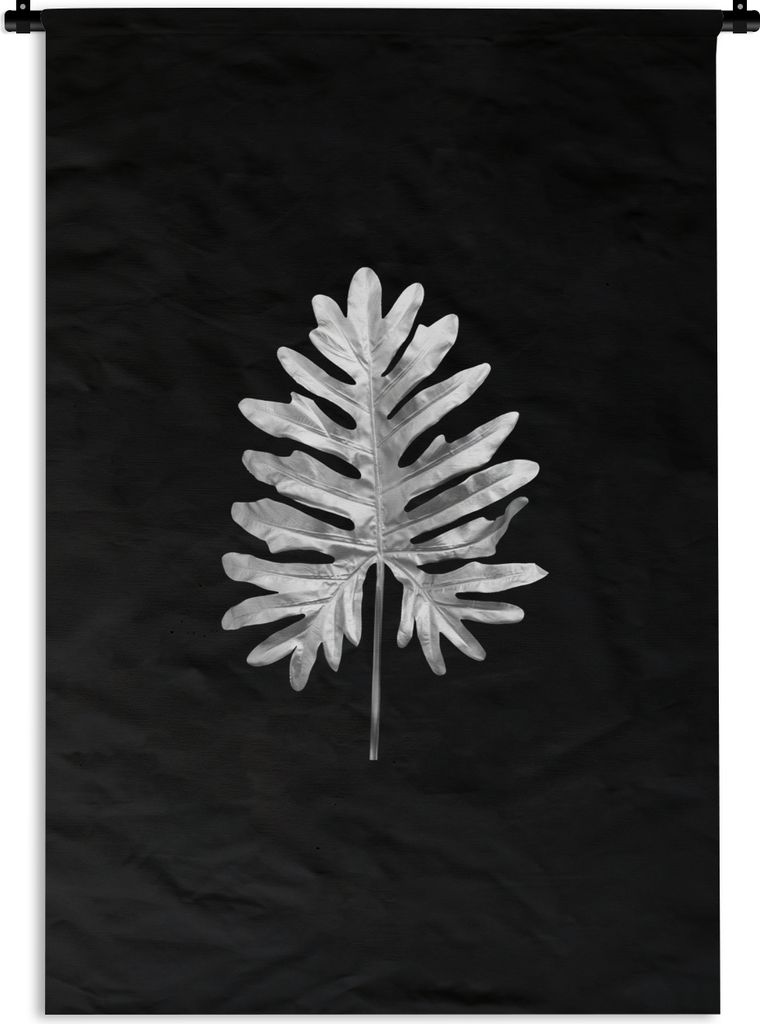 MuchoWow Wandteppich Wandbehang Blatt mit großen Vertiefungen auf schwarzem Hintergrund - schwarz und weiß 120x180 cm Tapisserie Dekoration Wan...