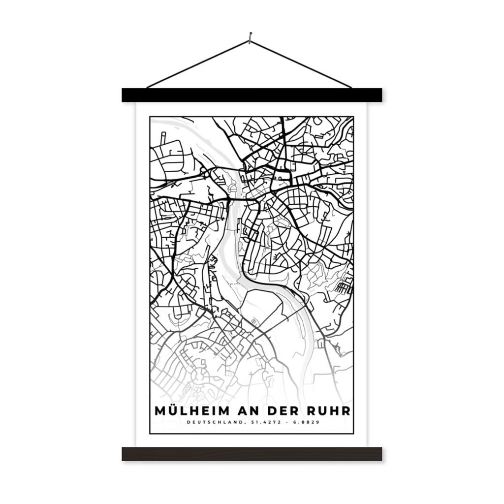 MuchoWow Textilposter Karte - Mülheim an der Ruhr - Karte - Stadtplan 120x180 cm mit schwarzem Rahmen - Fotos