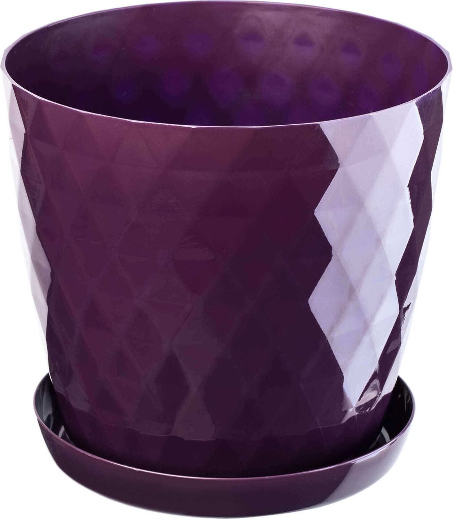 A purple plastic plant pot with a diamond pattern and a matching saucer, isolated on a white background.