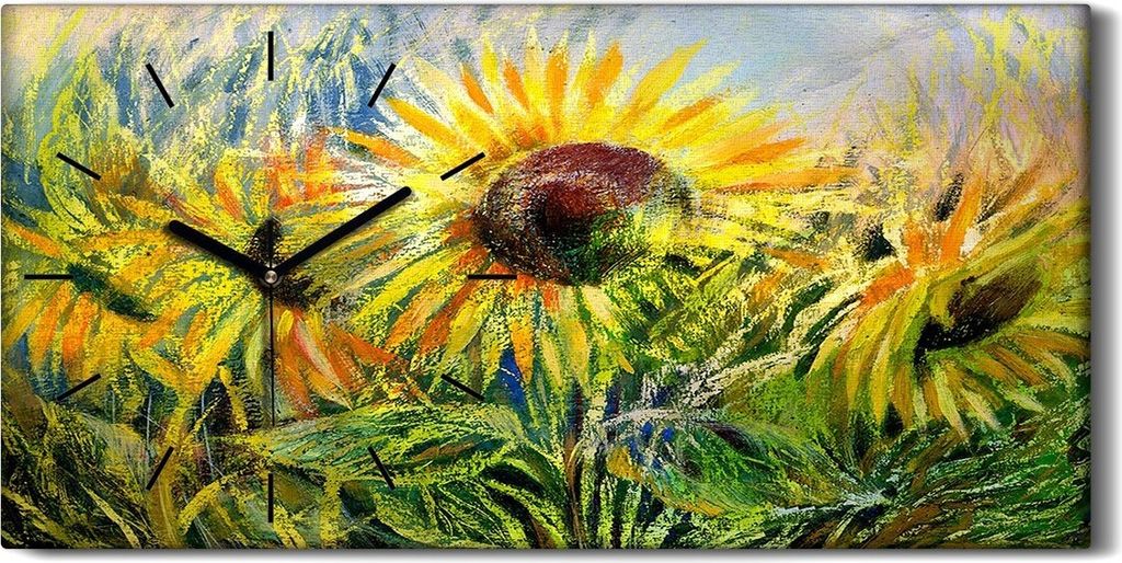 Wandbild Leinwand Bilder Wanduhr Geräuschlos 60x30 Ölgemälde Blumen Sonnen - schwarze Hände