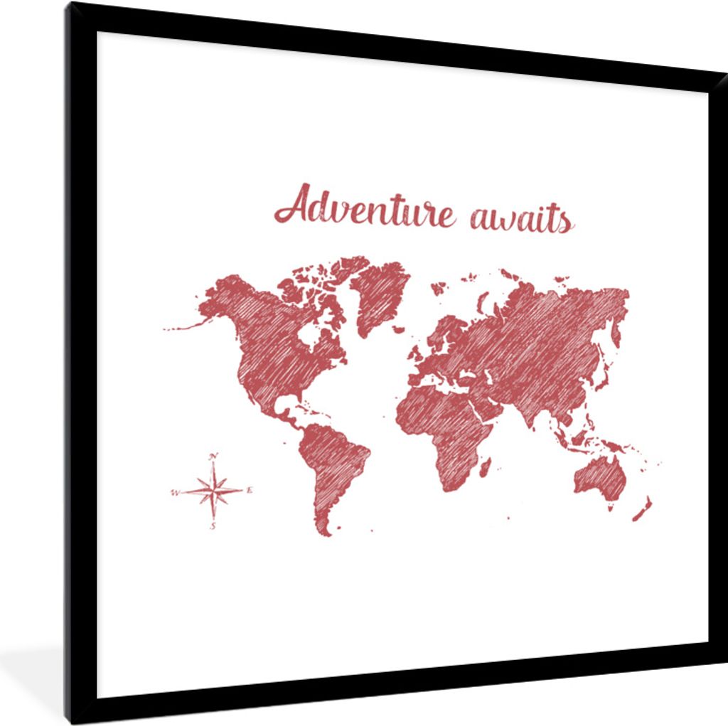 MuchoWow MuchoWow Gerahmtes Poster Weltkarte - Rot - Zitat 40x40 cm - Poster mit zchwarzem Bilderrahmen - Mit Rahmen - Wanddekoration Schlafzimmer