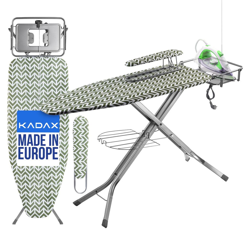 KADAX Bügelbrett mit Steckdose "Aleglo", Bügeleisenablage und Ärmelbügeltisch, 130cm, Grün