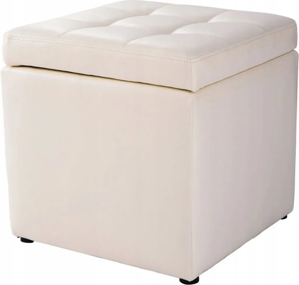 Pouf de Rangement Blanc 40cm avec Coussin Relief Cuir Synthétique Chic