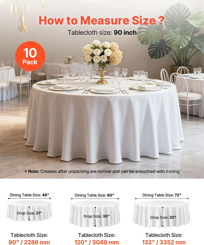 Pesonlook Runde Tischdecke 228 Cm – 12er Set Polyester, Weiss, Waschbar Für Hochzeit, Party & Buffet Tischdecke Rund