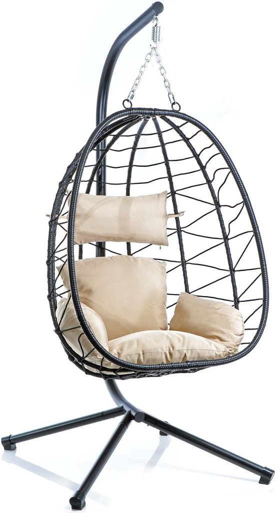 Wiltec Hängesessel für Indoor und Outdoor, Hängestuhl aus Rattan, Korbsessel bis 130 kg, Hängeschaukel mit Gestell und Sitzkissen