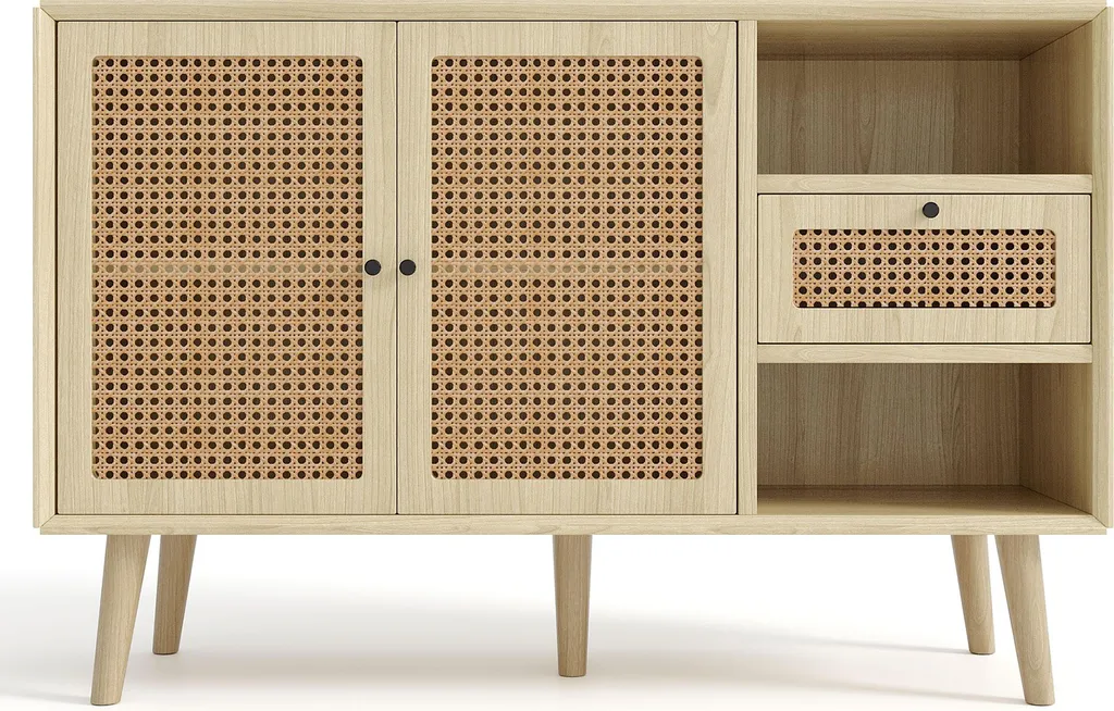 Commode de Salon avec Portes en Rotin, Buffet Bas 120cm Style Bohème - 8
