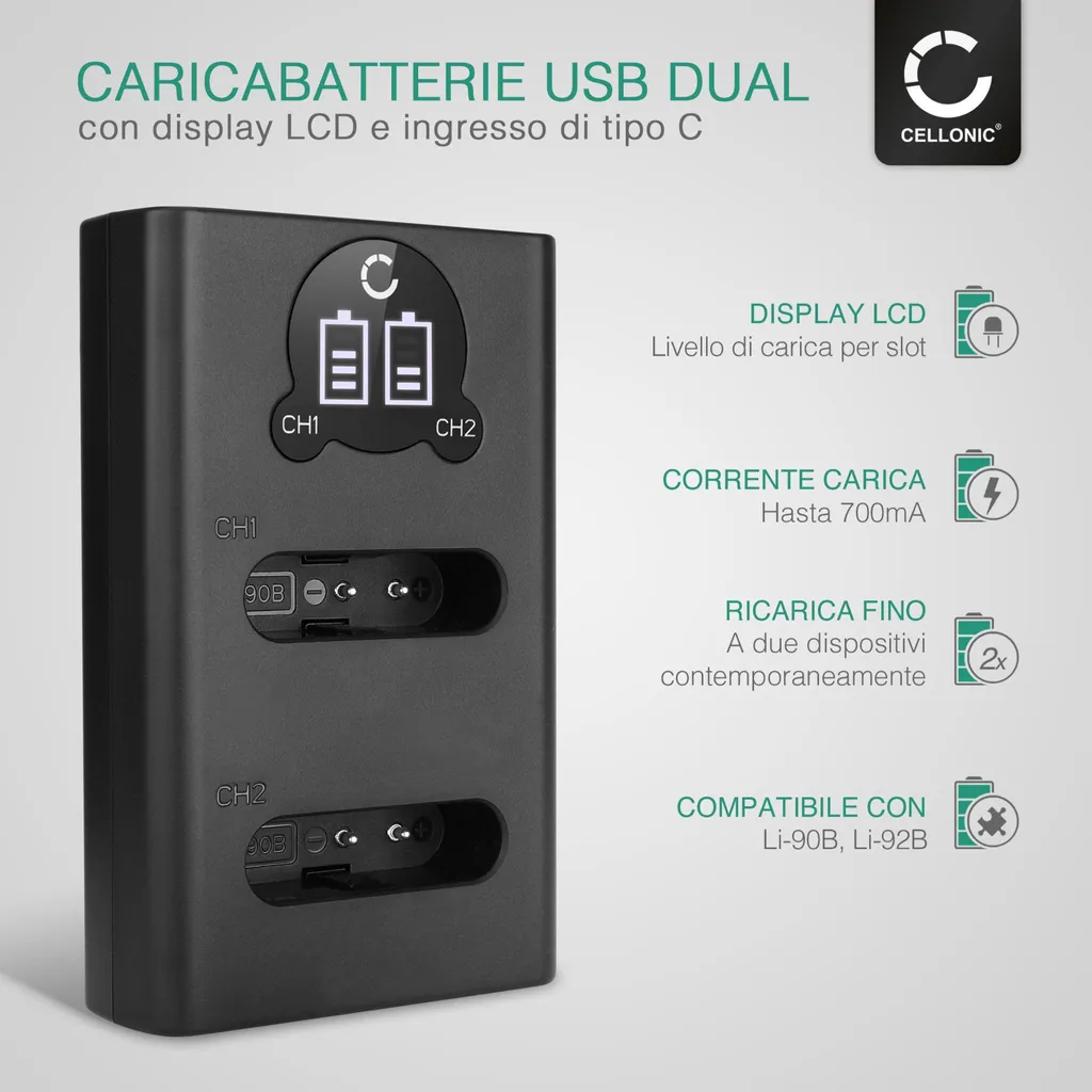 Caricabatterie Dual UC-90 Compatibile Li-90B Li-92B | CELLONIC Smart - 2