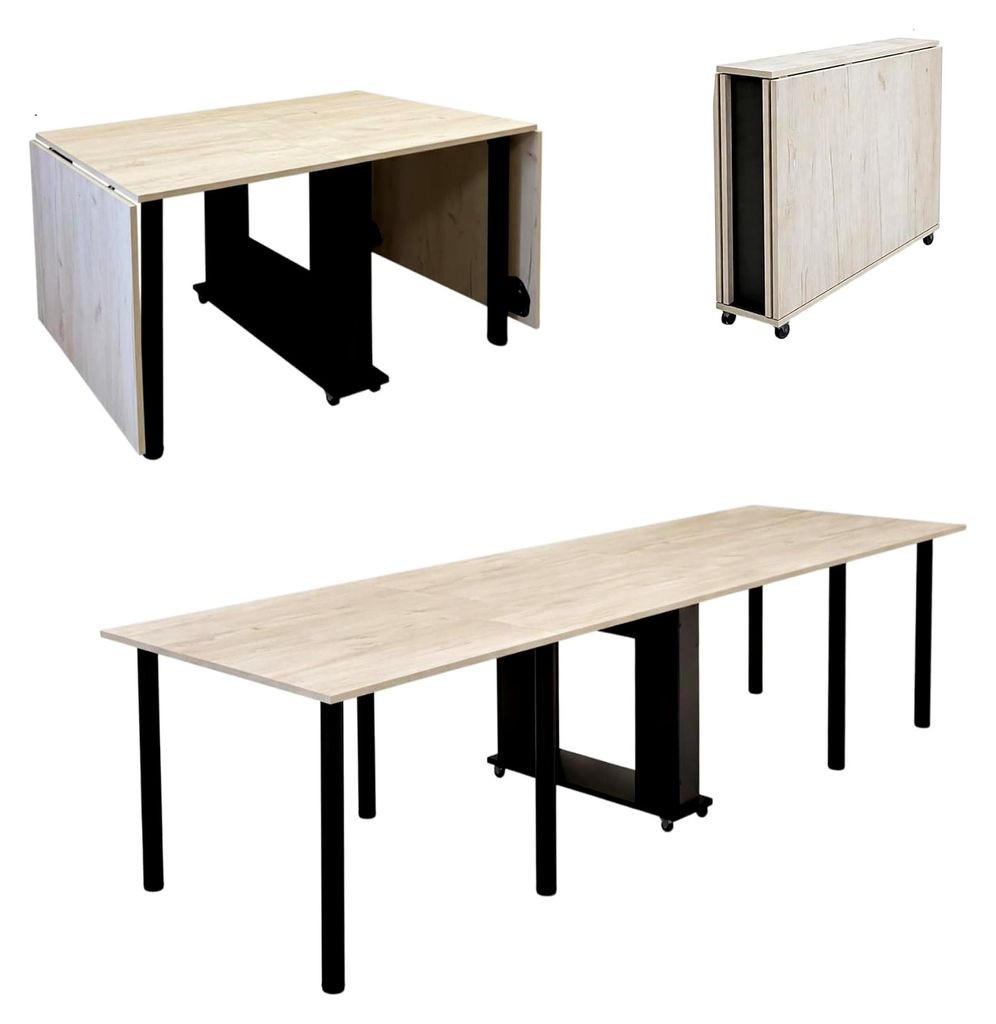Klappbarer Esstisch, Multifunktionstisch 5-in-1, XXL Klapptisch mit Rollen, platzsparender Tisch für bis zu 12 Personen (Eiche Kraft Weiß/Schwarz)