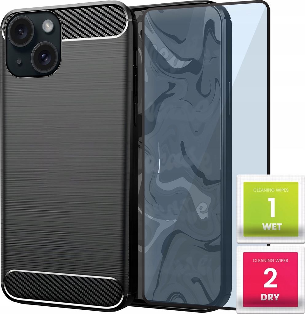 Schutzhülle für APPLE IPHONE 15 Handy Hülle Schwarz Slim Cover Kohlenstoff Case + Schutzfolie
