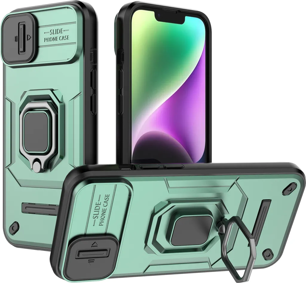 Custodia iPhone 14 13 Protezione Fotocamera Scorrevole - Verde Stand