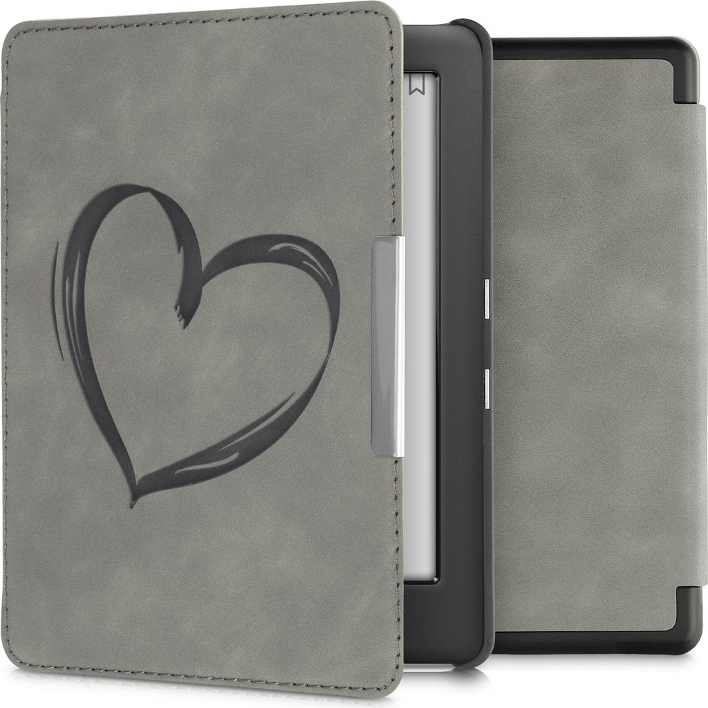 kwmobile Schutzhülle für Kobo Glo HD / Touch 2.0 Hülle - eReader Case aus Kunstleder mit Auto Sleep Funktion - Herz Brush mit Grau