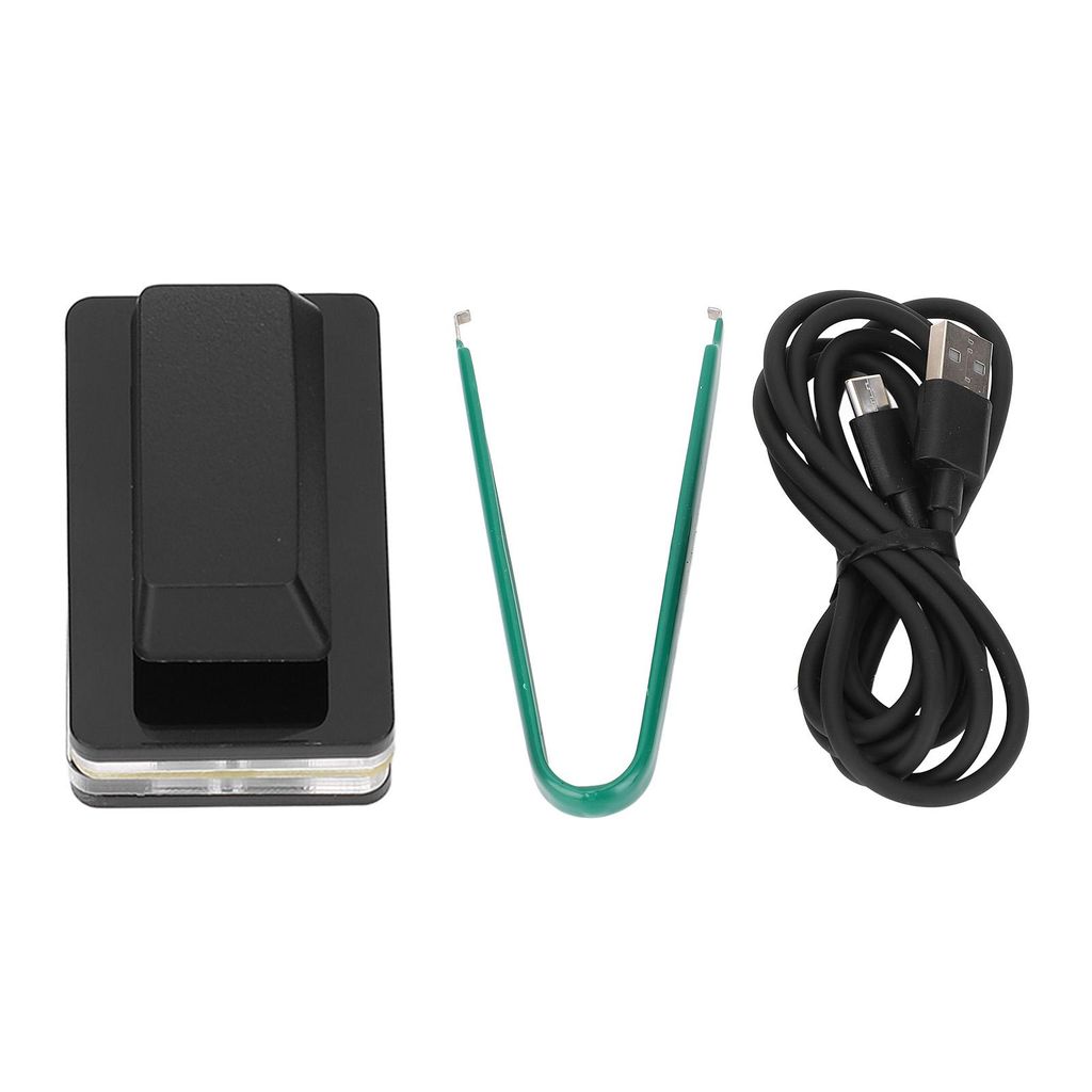 Three items are laid out on a white background: a black USB device, a green tweezer, and a black USB cable.