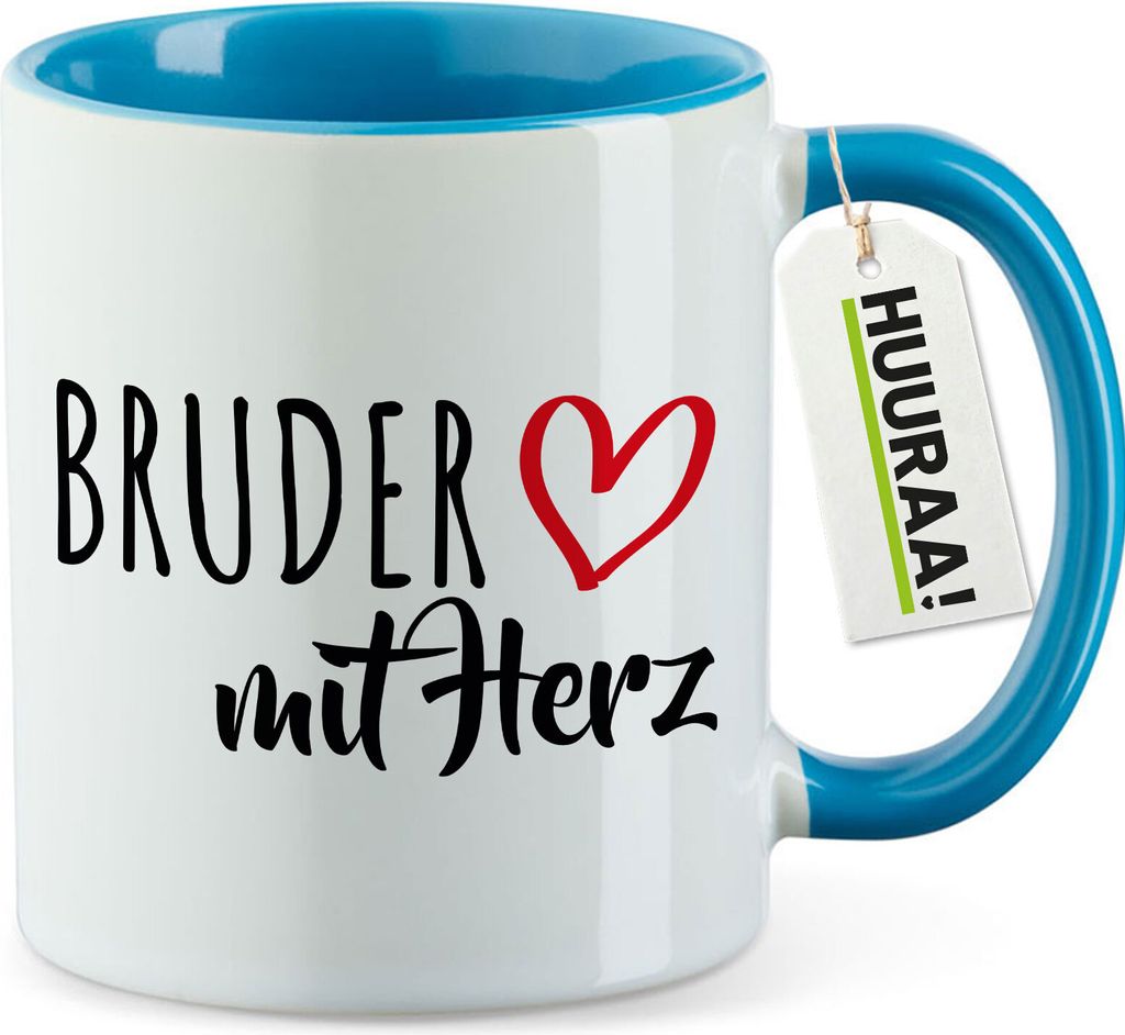 Huuraa Kaffeetasse Bruder mit Herz 330ml Blau Keramik Kaffeebecher Geschenkidee