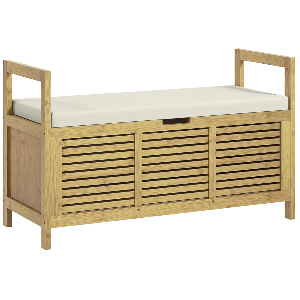 Banc Coffre en Bambou Naturel 100 cm avec Assise Rembourrée et Accoudoir