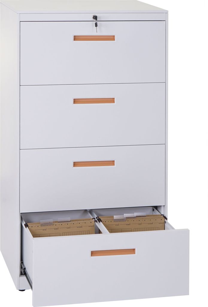 A white filing cabinet with four drawers, one of which is open and contains files.