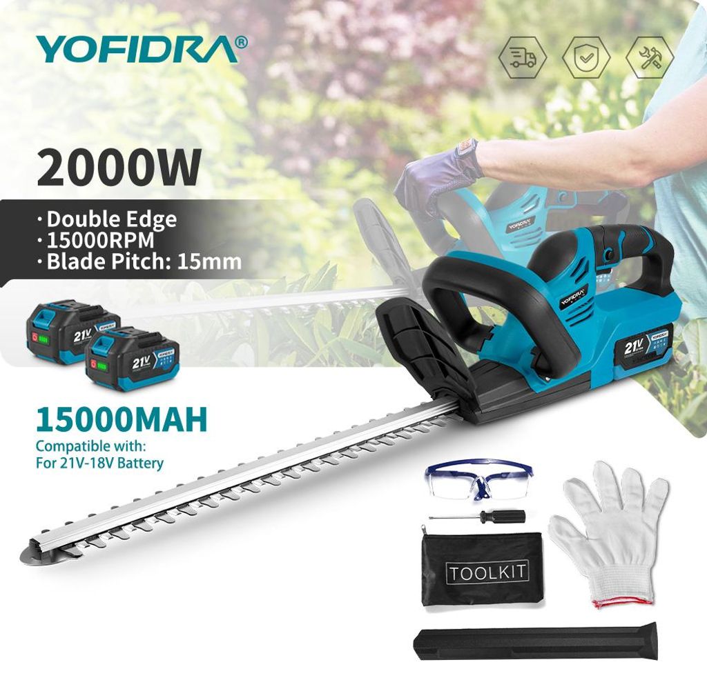 YOFIDRA Akku-Heckenschere 510 mm, 2-in-1, mit 2 Akkus und Ladegerät, kompatibel mit Makita 18V-Akkus