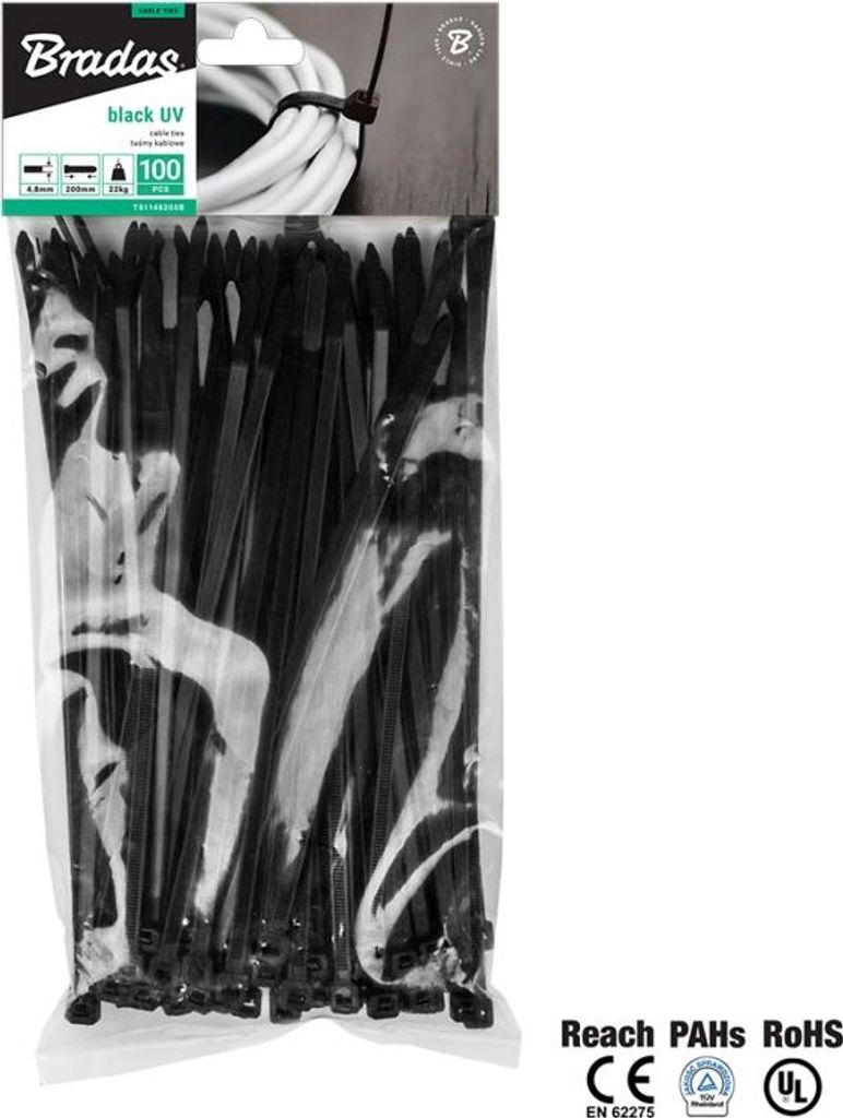 Stahovací pásky plastové 2,5x200mm BRADAS UV BLACK - 100ks Obrázek produktu 