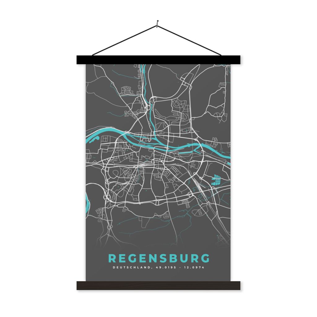 MuchoWow Textilposter Karte - Stadtplan - Regensburg - Deutschland - Blau 40x60 cm mit schwarzem Rahmen - Wanddekorationen