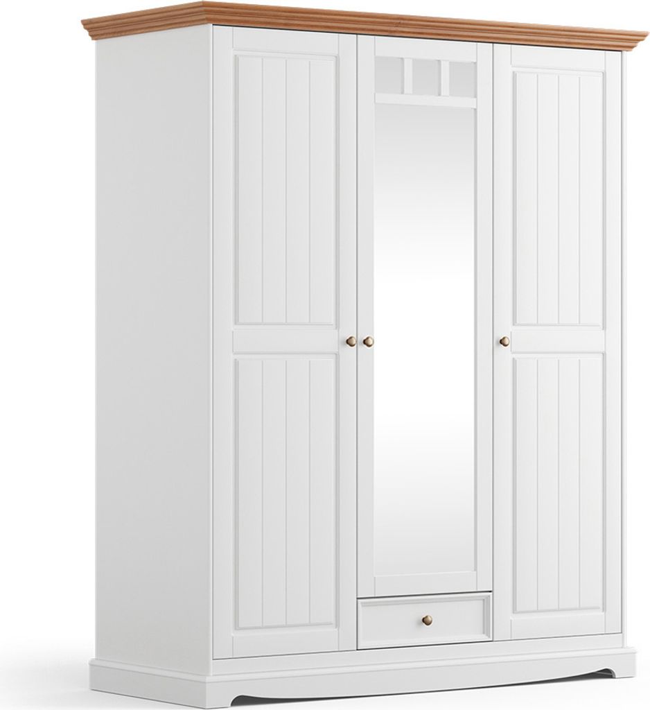 Kleiderschrank mit Spiegel Schlafzimmer, Massivholz in weiß mit Eiche Optik BORMIO-163
