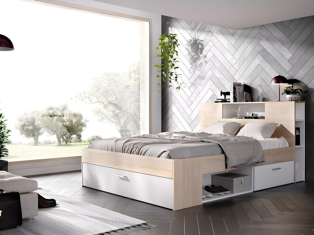 Bett mit Kommode und Schubladen - 160 x 200 cm - Farben: natur und weiß + Rahmen - LEANDRE