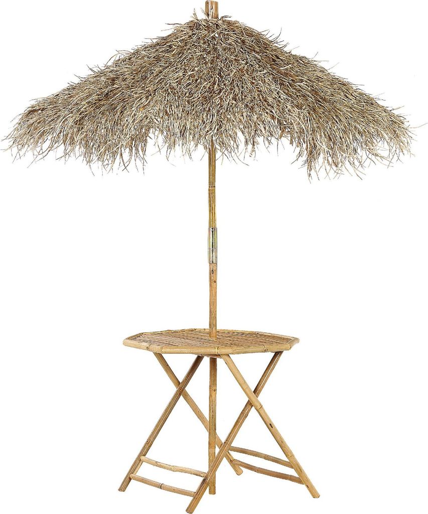 BELIANI Gartentisch mit Sonnenschirm Hellbraun aus Bambusholz und Seegras 85 cm Rund Bistro Set für Garten Balkon Terrasse Outdoor