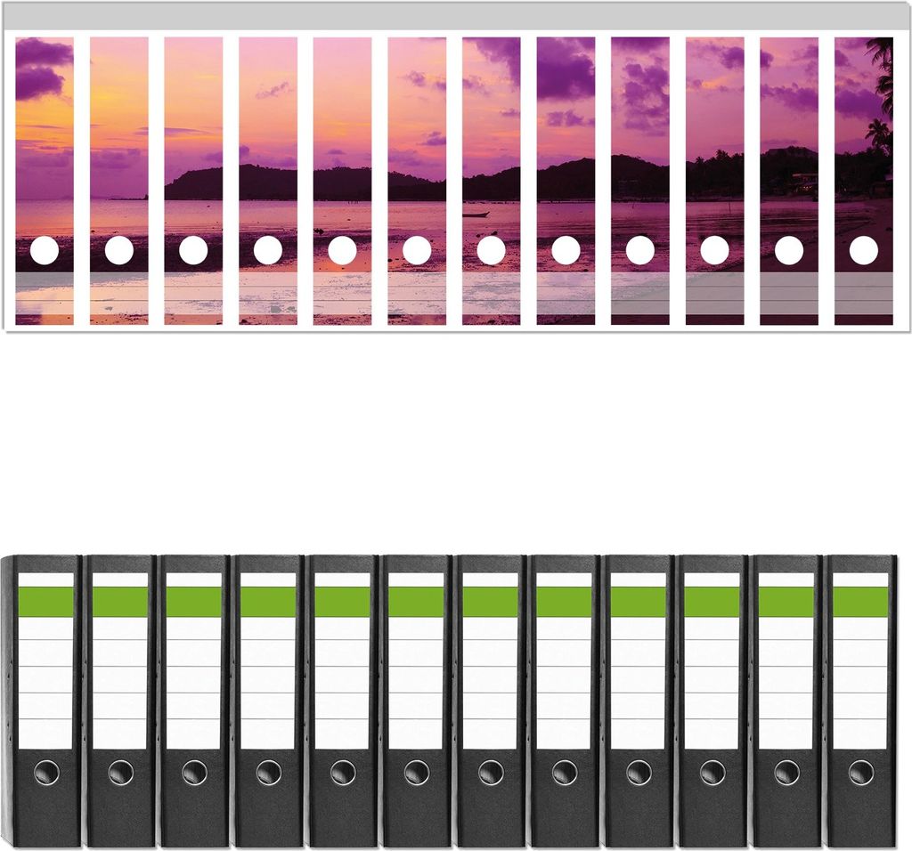 Wallario 12 Stück breite Ordner inkl. Klebeetiketten mit Motive Sonnenuntergang unter Palmen Himmel in lila und orange - Set mit Rückenschilder...