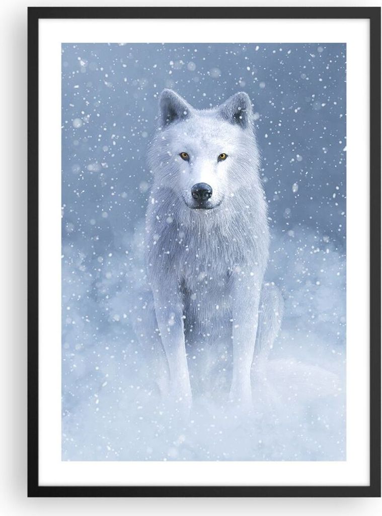 Gerahmtes Poster - Schwarzer Rahmen - Weiß Wolf Schnee - 50x70 cm - Wand Bild - Wanddeko - Wandbilder - Kunstposter - Wandposter - Bilderrahmen - ...