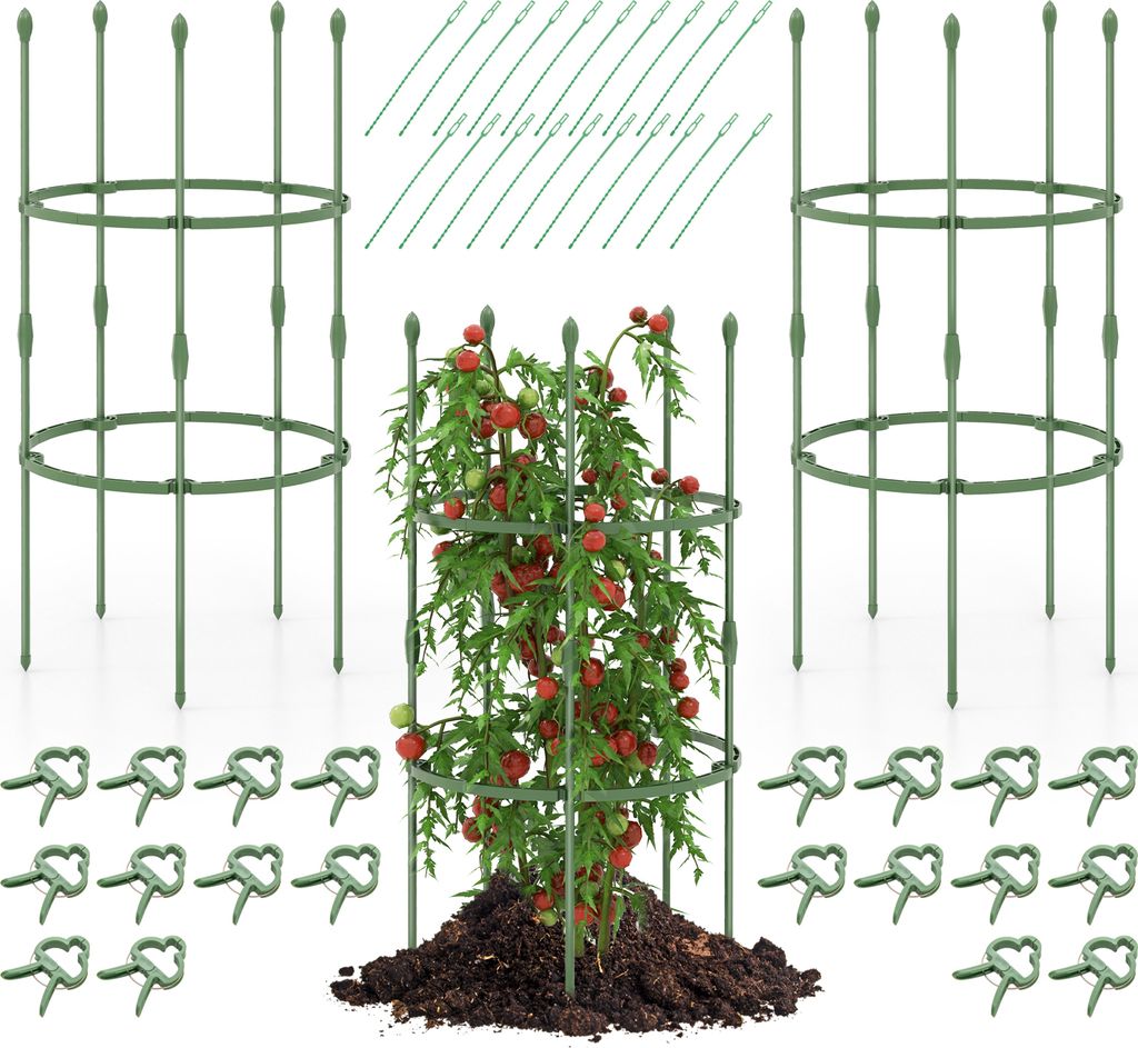 3er Set Rankhilfe mit 2 verstellbare Höhe & 20 Pflanzenclips, Garten-Spaliere 102cm, Tomatenkäfig Metall (Grün)