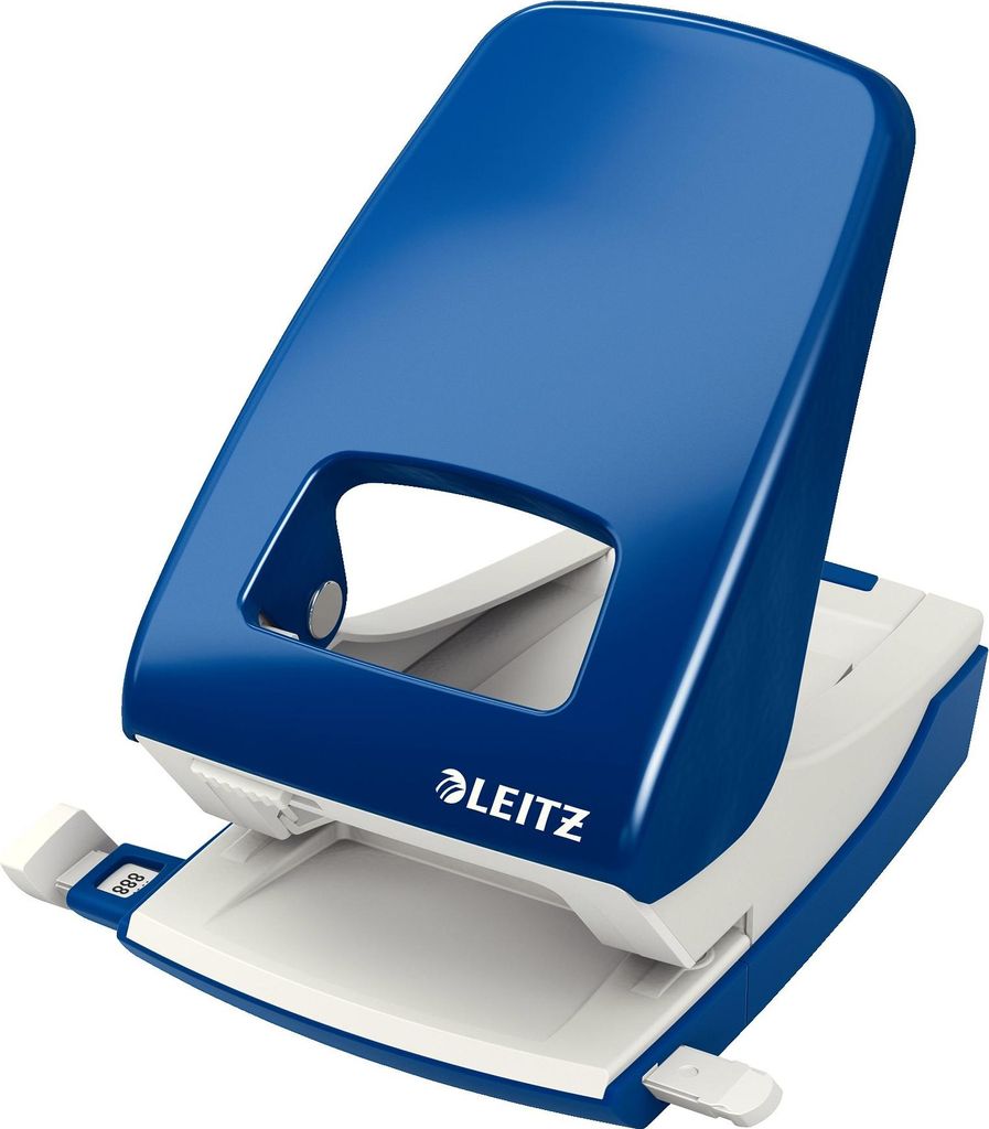 Leitz Starker Büro Locher aus Metall, Für 40 Blatt, Anschlagschiene mit Formatangaben, Ergonomisches Design, blau, 51386035
