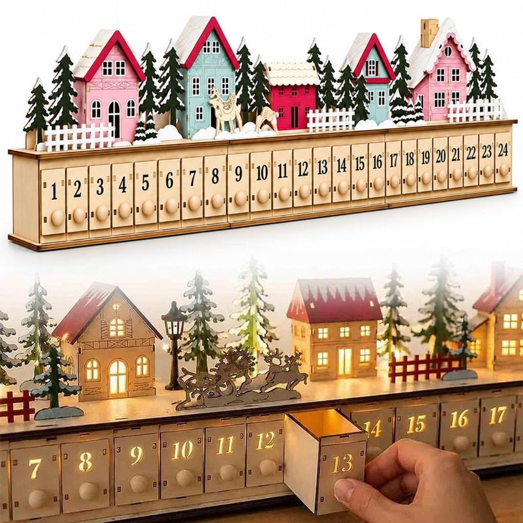 Adventskalender aus Holz 2026, befüllbarer Weihnachtsdorf Produktbild 