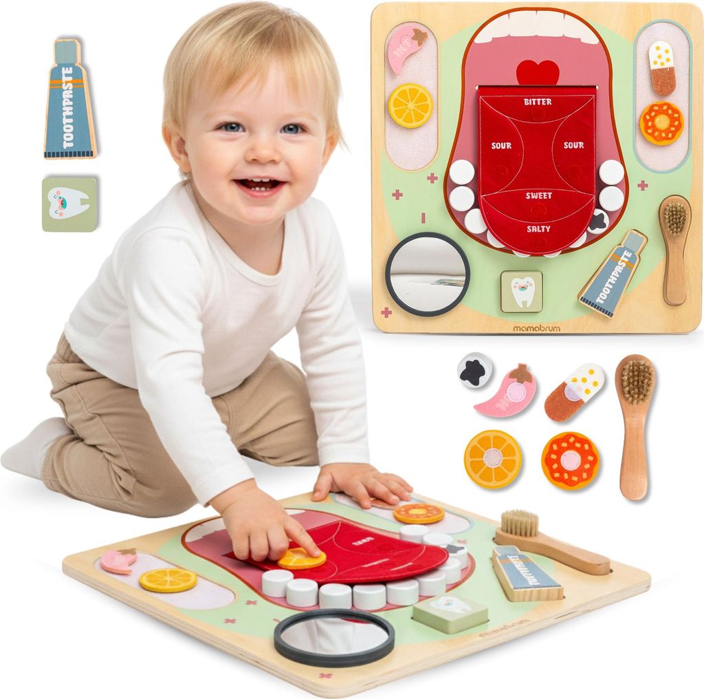 Montessori Holz-Tafel „Kleiner Zahnarzt” – Lernboard mit ausziehbarem Zahn, Zahnbürste, Spiegel & Geschmackstraining